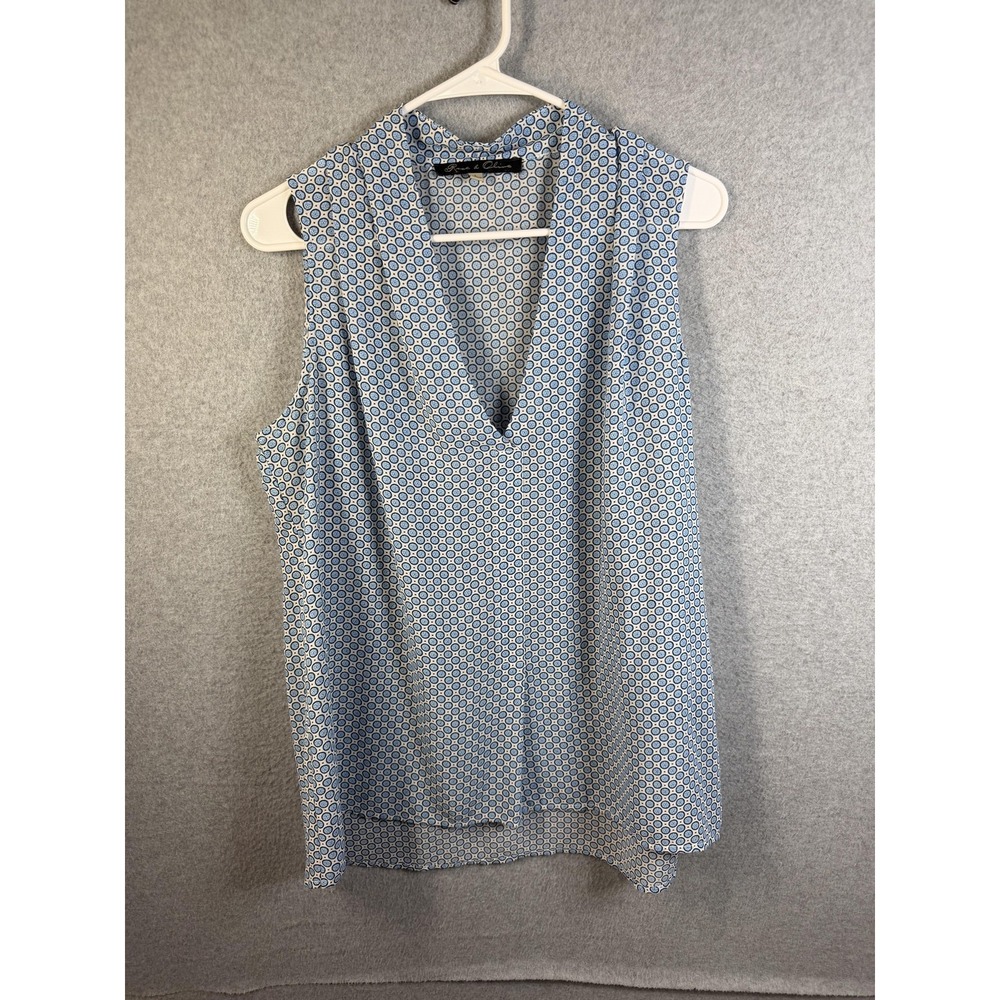 Rose & Olive Blouse Womens Large Blue Geometric Pleated V Neck Sleeveless Top